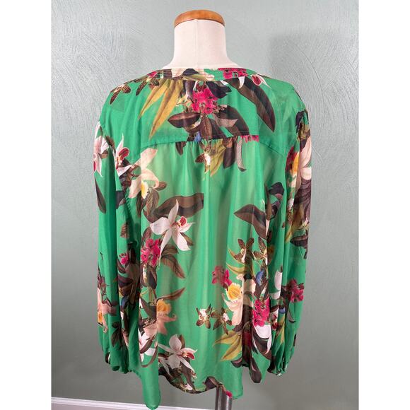 Chico's Blouse Top Women's Size XL Green Floral Sheer Preppy Casual Office - Picture 2 of 10